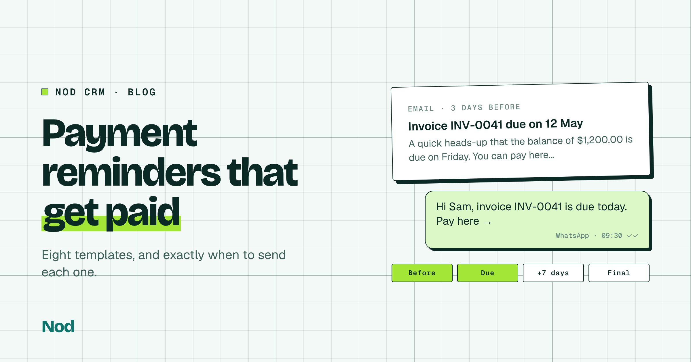 Payment reminder emails: an email reminder and a WhatsApp reminder for an invoice, with the timing steps before, due, seven days late and final.