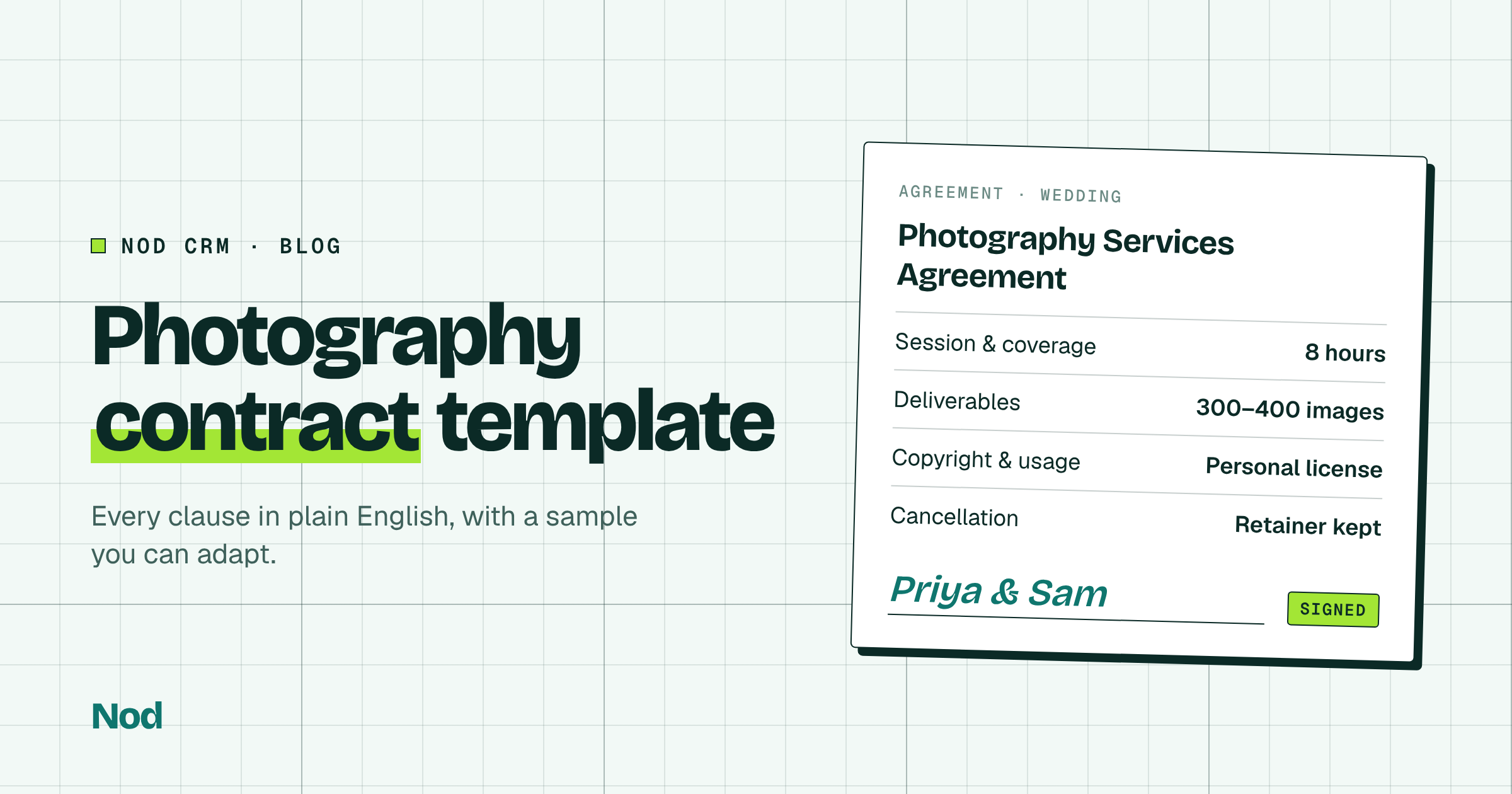 Photography contract template: a signed Photography Services Agreement card listing coverage, deliverables, copyright and cancellation terms.